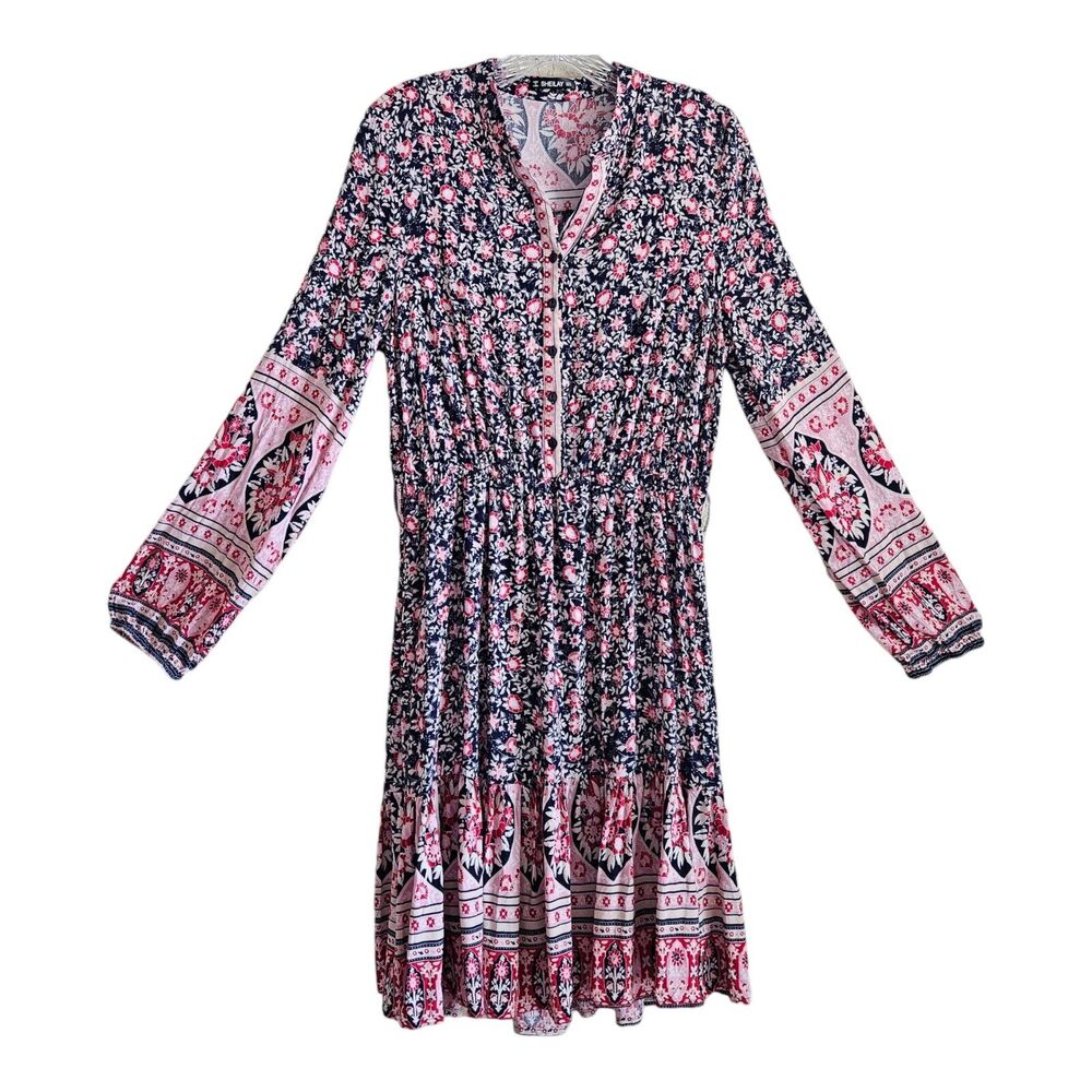 SHEILAY Women's XL Dress Floral Peasant Navy Red Pink 1/2 Buttons Flare Ruffle